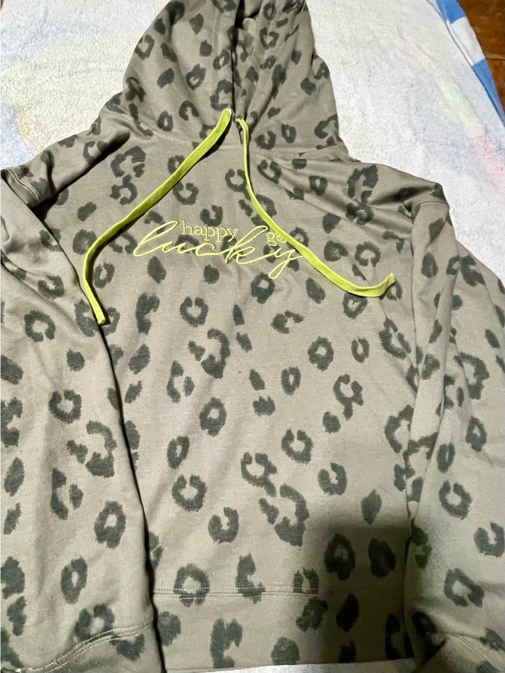 Leopard Print 'happy lucky' Hoodie with Neon Drawstrings